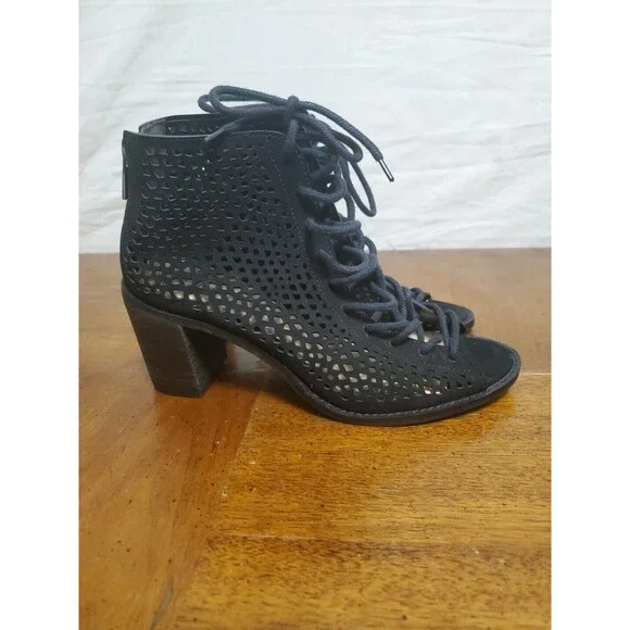 Vince Camuto Tulina Black Suede Laser Cut High Heel Lace Up Open Toe Bootie Sz 6 - Picture 3 of 8